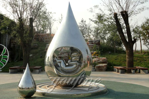 Garden Mirror Polished Steel Water Droplets Sculpture And Asleep Baby Statues In 316 Stainess