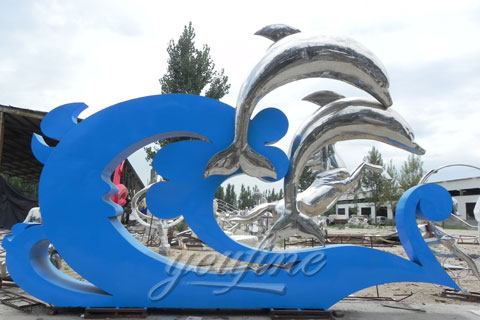 Outdoor Mirror polished metal dolphin sculpture in 316 stainless for sale